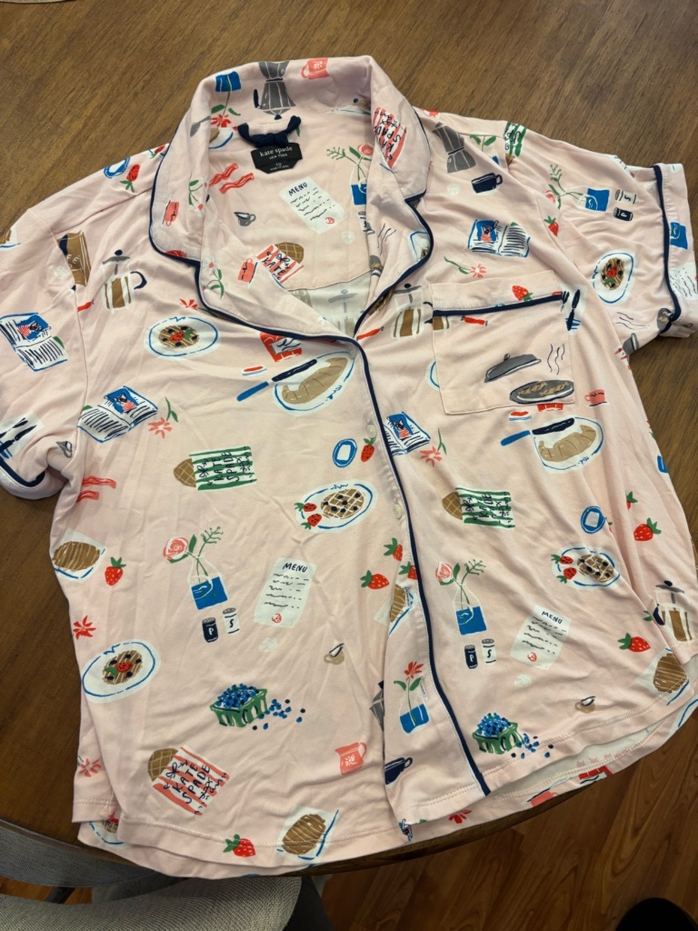kate spade Pink Breakfast-Print Pajama Top with Navy Trim